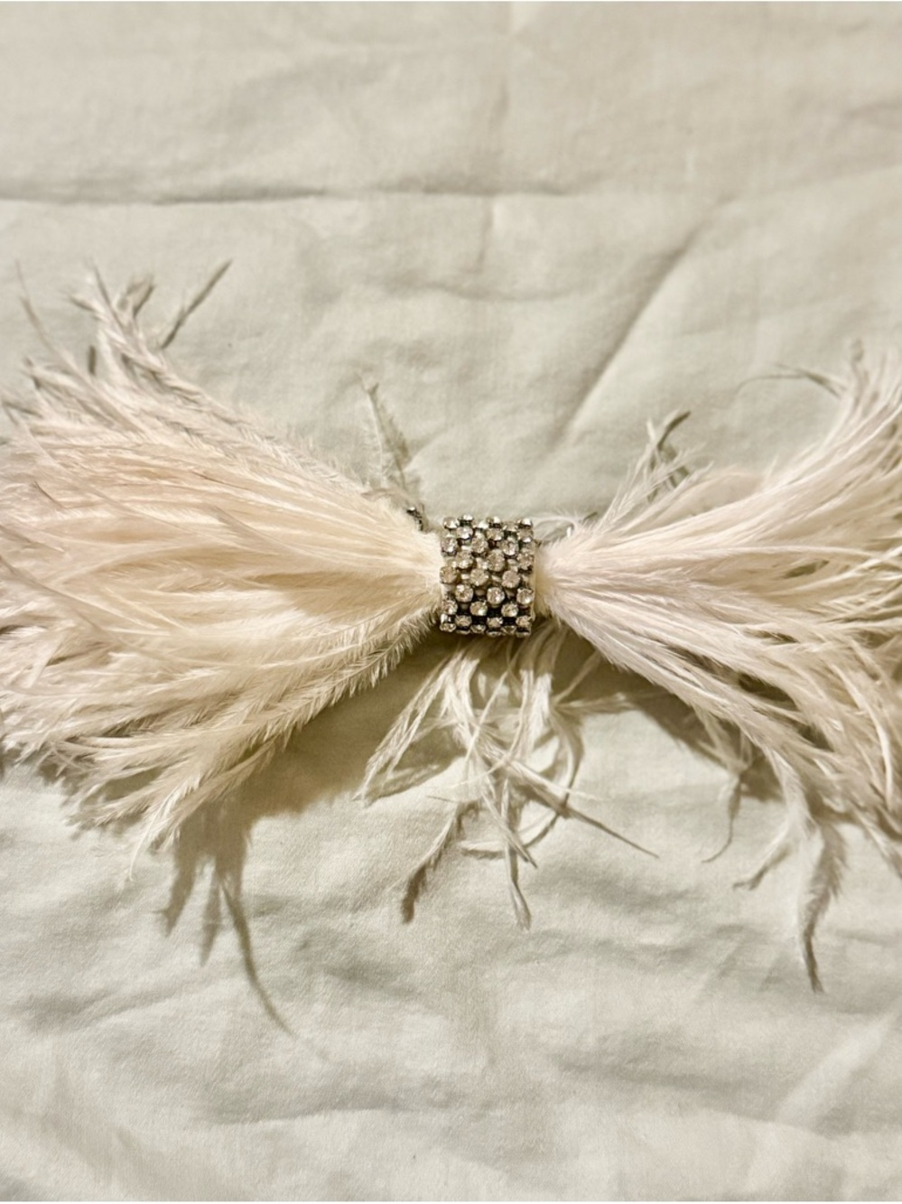 Feather Bow Hair Clip with Rhinestone Center - Cream